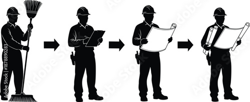 Black silhouette set of construction worker showing career progression from cleaning with broom to site supervisor reviewing blueprints and architectural plans for industry growth.