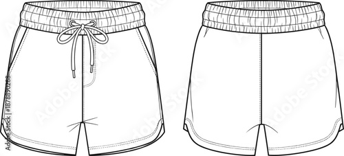 Women athletic shorts fashion technical illustration front and back views outline vector for apparel design sewing pattern templates production use