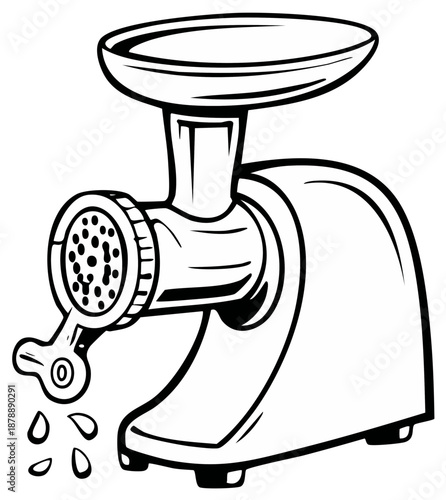 Classic manual meat grinder with ground meat falling out illustration