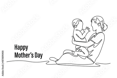 mom smiling happy holding and playing clap hand with her son. Mothers day concept. Single line draw design. Vector graphic illustration