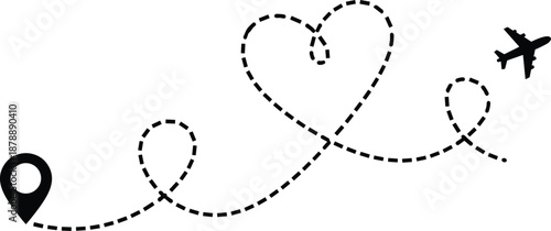 Vector illustration of airplane flying on dashed route line forming a heart shape with location pin for romantic travel design