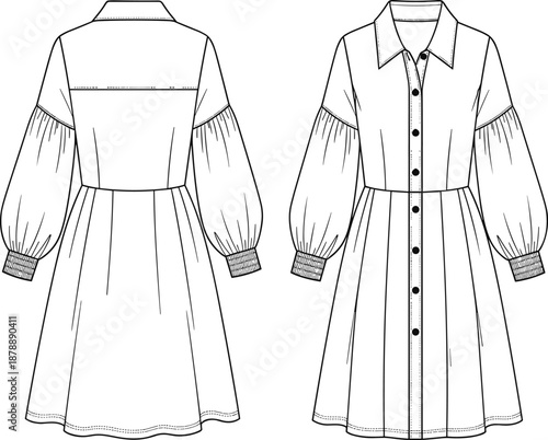 Women Balloon Sleeve Shirt Dress Fashion Technical Sketch Vector, Button Down Collared Midi Dress Flat Apparel Drawing Template For Design