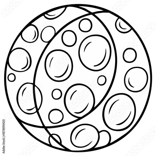 Illustration of a celestial body with circular craters in black and white style