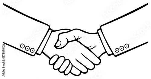 Two hands clasped together in handshake, business deal or agreement, vector outline.