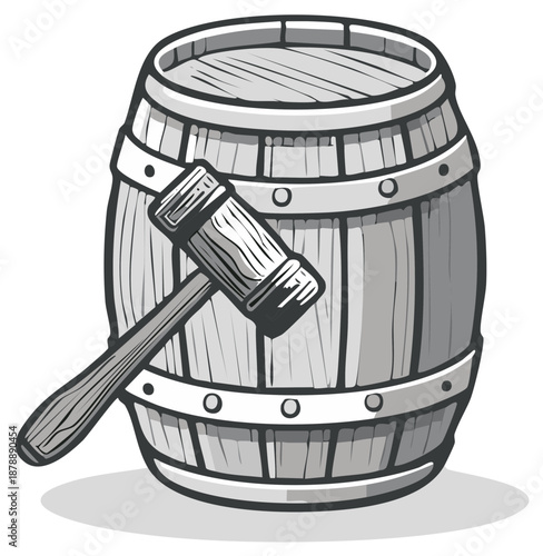 Vintage wooden barrel and cooper mallet illustration in a grayscale line art style