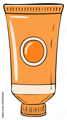 Stylized orange cream tube with a circular window showing a golden substance