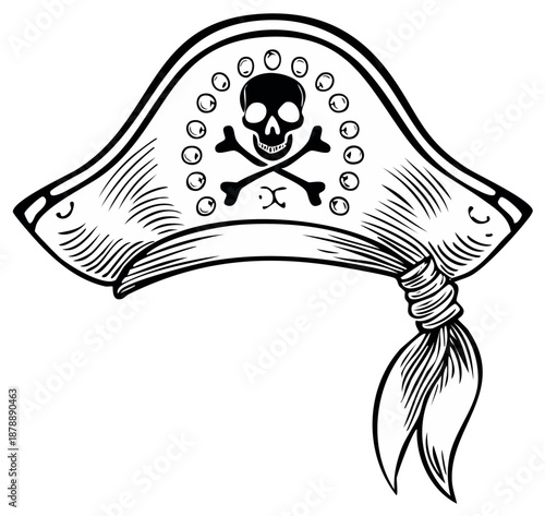 Classic pirate captain hat with skull and crossbones Jolly Roger symbol line art