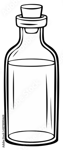 Clean line art illustration of a transparent glass bottle sealed with a cork stopper containing liquid