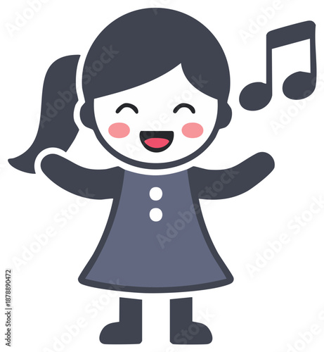 Cute cartoon girl singing happily with musical notes. Adorable kid character vector icon illustration.