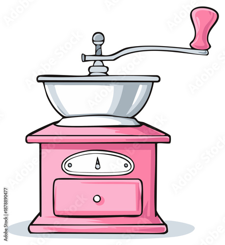 Pink Coffee Grinder Illustration with Handle and Drawer, Isolated on White