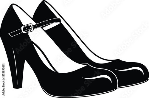 Women high heel shoes silhouette vector illustration, elegant fashion footwear design, classic pumps with ankle strap, isolated black and white style