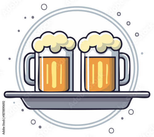 Two Mugs of Golden Beer with Foam Served on a Tray
