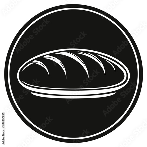 Freshly baked bread loaf in a round black emblem