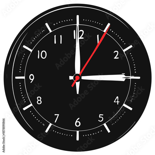 Retro black wall clock with white numbers and red second hand showing time