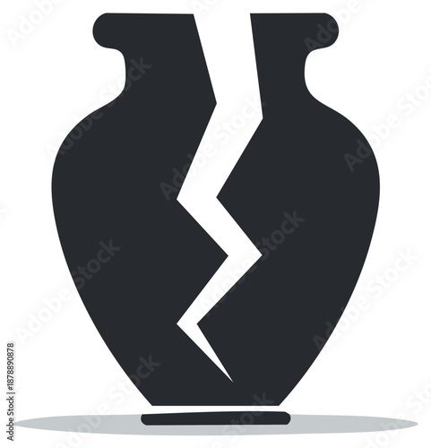 Broken vase illustration. Damaged pottery with a crack. Antique art icon.