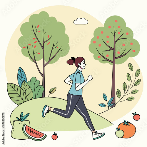 Woman running in a fruit orchard