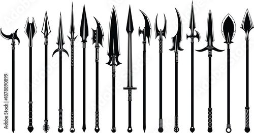 Collection of black ancient spear and polearm weapon silhouettes with detailed historical engravings isolated on white background for fantasy gaming and warrior museum design
