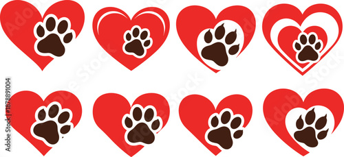 Vector collection of red heart icons with brown animal paw prints for veterinary clinic and pet lover logo design
