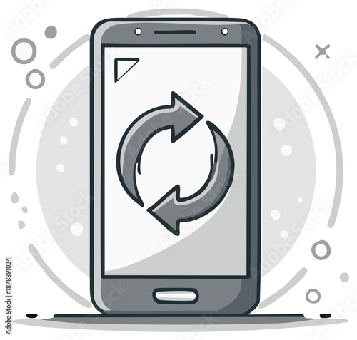 Hand drawn smartphone with refresh arrows icon symbolizing update or data sync process