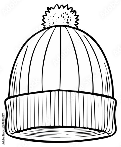 Stylized Black and White Illustration of a Knitted Winter Beanie with Pom Pom