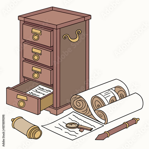 Vintage study table with scrolls and writing tools