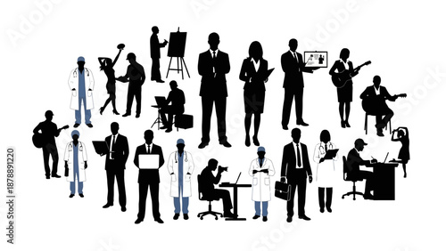 Diverse Professionals Silhouette Collection, Career Fields Flat Design Vector Illustration.