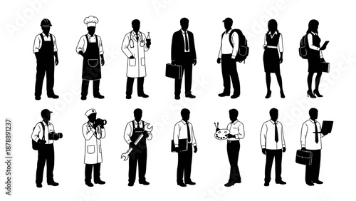 Diverse Professional Occupations Group Silhouettes Flat Design Vector Illustration