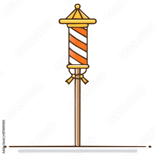 Stylized Japanese Shinto ritual pole with orange and white stripes and gold accents