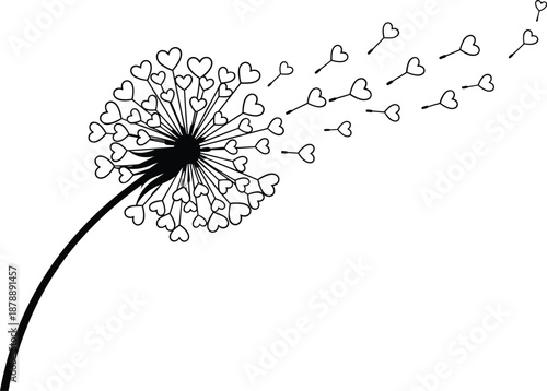 Black and white vector illustration of dandelion flower with heart shaped seeds blowing in the wind for romantic valentine design