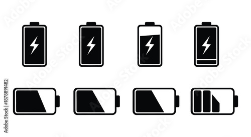 A series of black battery icons displaying varying charge levels