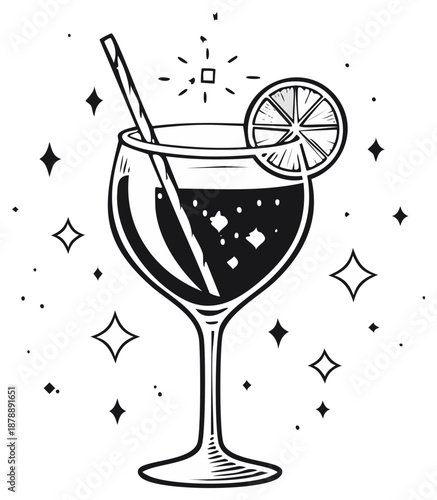 Sparkling cocktail drink with lemon slice and straw in an elegant glass monochrome illustration vector art