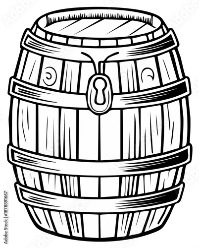 Cartoon wooden barrel with keyhole and metal bands outline illustration