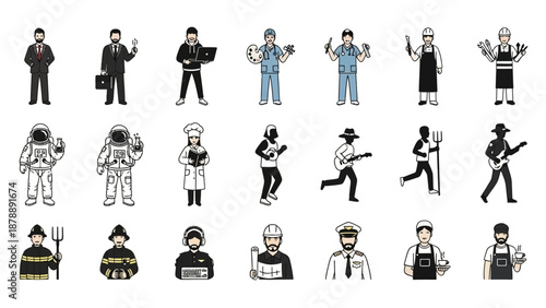 Flat Design Avatars of Diverse Professionals and Occupations, Vector Illustration