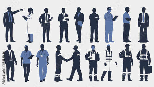 Diverse Professionals Silhouettes in Flat Design Style Vector Illustration