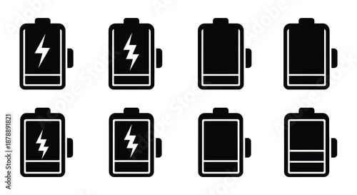 A series of black battery icons displaying varying charge levels