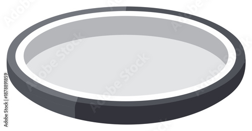 Empty shallow gray bowl with white rim and dark gray outer edge in isometric perspective