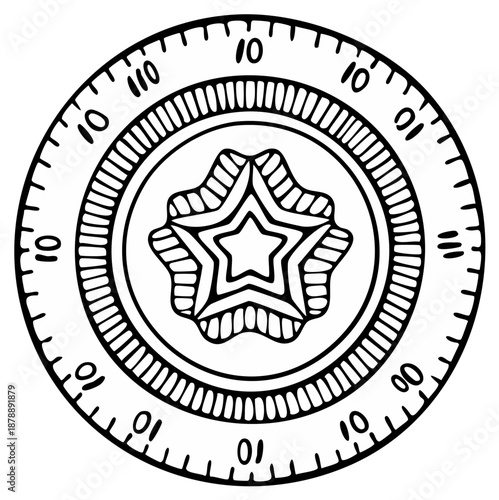 Hand-drawn retro dial with numerals and star design, vector illustration