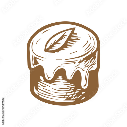 Small cake illustration with icing and leaf topping