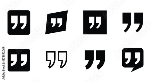 Simple black and white icons depicting various quotation mark styles and a block