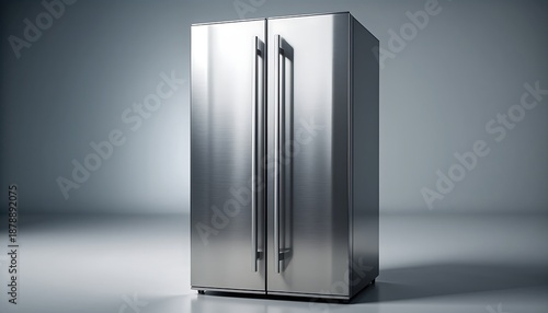 Modern stainless steel fridge with closed door, clean studio lighting and minimal background, showcasing sleek design, smooth metal surface, and high realistic product detail.