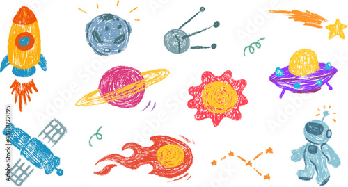 Cosmic space elements in hand drawn cartoon doodle style made from pencil, marker or chalk crayon. Planet, rocket, asteroid. Scribble vector illustration background for education children book, card.