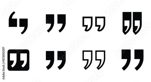 Simple black and white icons depicting various quotation mark styles and a block