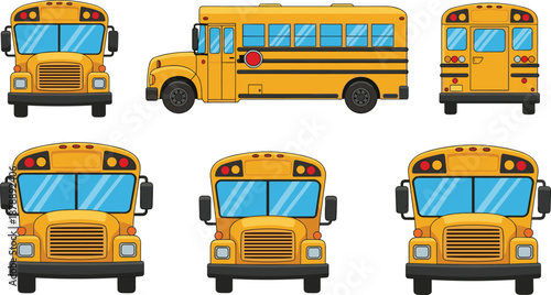Yellow school bus illustration set showing front side rear views educational transportation vehicle isolated on white background vector design collection
