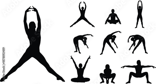 Yoga fitness silhouette poses collection, stretching and flexibility exercises for wellness, balance and strength training, healthy lifestyle black vector illustration isolated