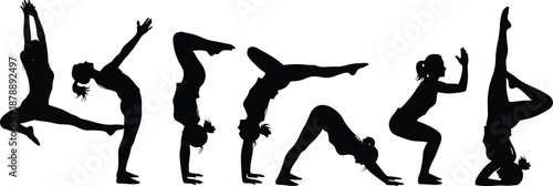 Yoga and fitness silhouettes showing women performing stretching, balance, and flexibility poses, dynamic body movement sequence, isolated black vector illustration for wellness concepts