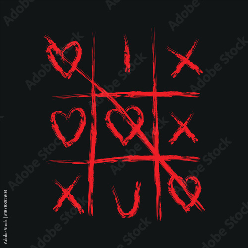 Grunge style tic tac toe game featuring hand drawn red hearts and Xu suggesting a romantic victory or a playful declaration of love against a stark black background perfect for valentines day graphics