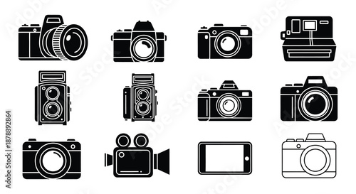 Collection of vintage and modern camera silhouettes in a monochrome style