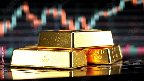Three gold bars resting on laptop keyboard with stock market graph in background during trading