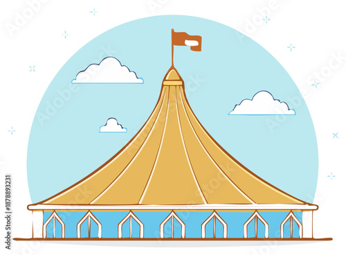 Iconic tent building with a flag on a pole at its apex set against a bright blue sky and scattered clouds