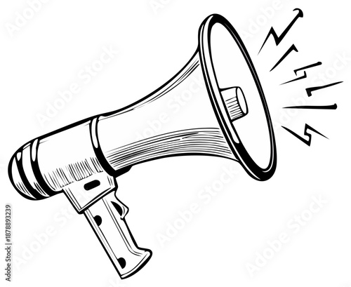 Retro hand held megaphone illustration with sound waves in vintage black and white